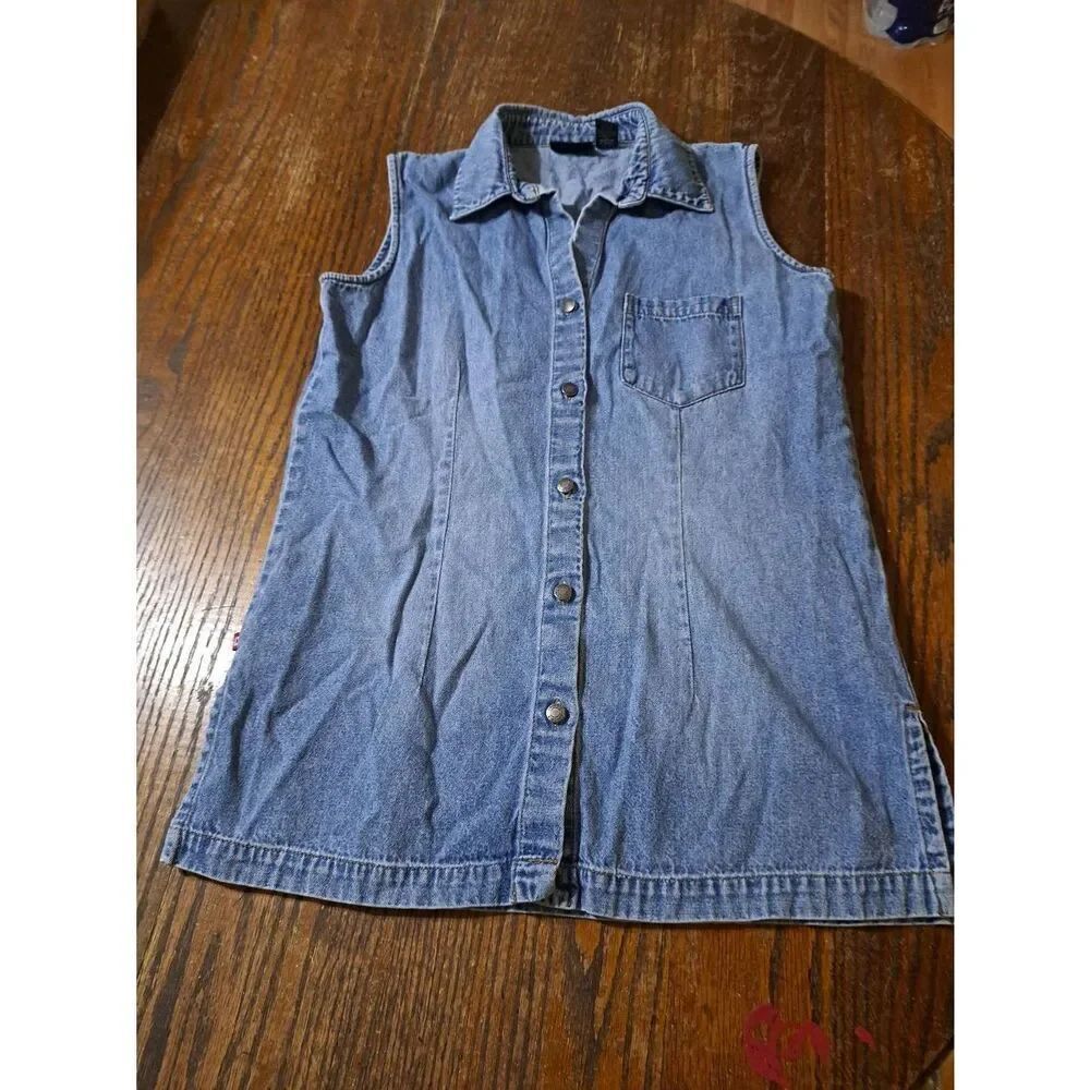 Sz 4 XS Chicos Size 0 Denim Blue Jean Sleeveless Button Cotton Shirt Top Blouse